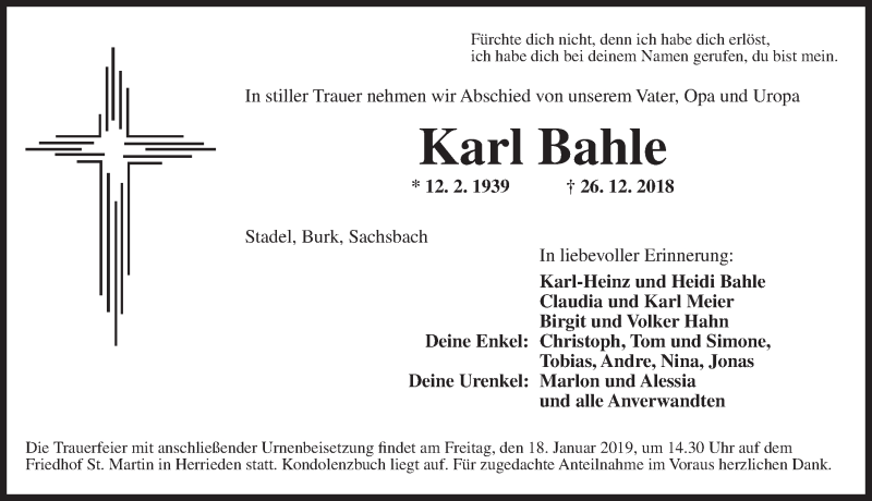  Traueranzeige für Karl Bahle vom 16.01.2019 aus Ansbach