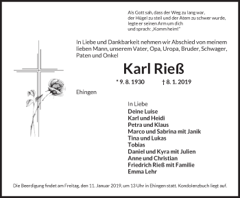 Traueranzeige von Karl Rieß von Dinkelsbuhl/ Feuchtwangen