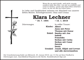 Traueranzeige von Klara Lechner von Dinkelsbühl/ Feuchtwangen