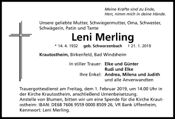 Traueranzeige von Leni Merling von Neustadt/ Scheinfeld/ Uffenheim