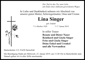 Traueranzeige von Lina Singer von Rothenburg