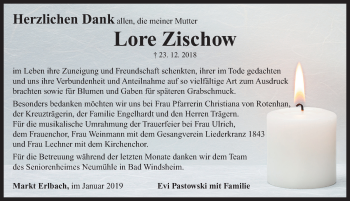Traueranzeige von Lore Zischow von Neustadt/ Scheinfeld/ Uffenheim