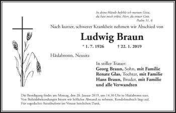 Traueranzeige von Ludwig Braun von Ansbach
