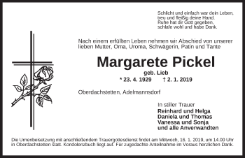 Traueranzeige von Margarete Pickel von Ansbach