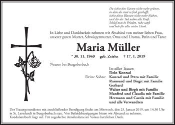 Traueranzeige von Maria Müller von Ansbach