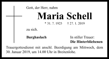 Traueranzeige von Maria Schell von Neustadt/ Scheinfeld/ Uffenheim