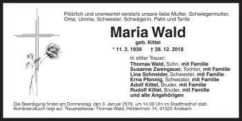 Traueranzeige von Maria Wald von Ansbach