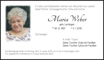 Traueranzeige von Maria Weber von Dinkelsbuhl/ Feuchtwangen