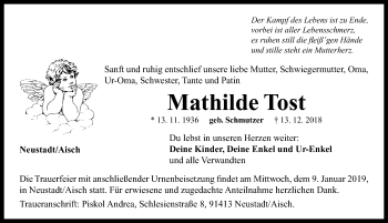 Traueranzeige von Mathilde Tost von Neustadt/ Scheinfeld/ Uffenheim