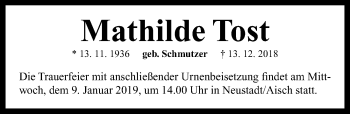 Traueranzeige von Mathilde Tost von Neustadt/ Scheinfeld/ Uffenheim