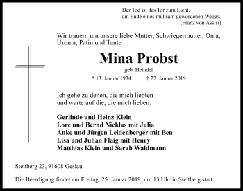 Traueranzeige von Mina Probst von Rothenburg