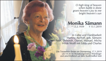 Traueranzeige von Monika Sämann von Ansbach
