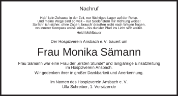Traueranzeige von Monika Sämann von Ansbach