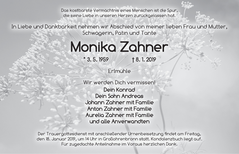  Traueranzeige für Monika Zahner vom 17.01.2019 aus Dinkelsbuhl/ Feuchtwangen