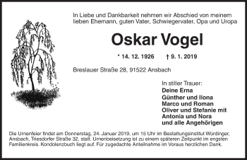 Traueranzeige von Oskar Vogel von Ansbach