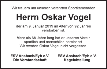 Traueranzeige von Oskar Vogel von Ansbach