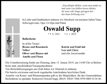 Traueranzeige von Oswald Supp von Neustadt/ Scheinfeld/ Uffenheim