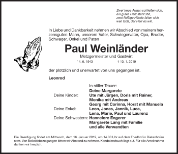 Traueranzeige von Paul Weinländer von Ansbach