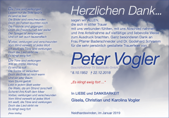 Traueranzeige von Peter Vogler von Neustadt/ Scheinfeld/ Uffenheim