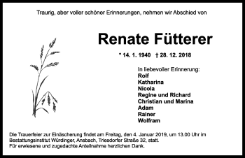 Traueranzeige von Renate Fütterer von Ansbach