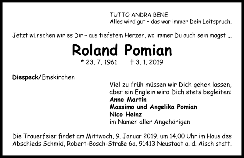  Traueranzeige für Roland Pomian vom 08.01.2019 aus Neustadt/ Scheinfeld/ Uffenheim