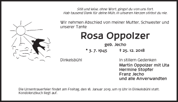 Traueranzeige von Rosa Oppolzer von Dinkelsbühl/ Feuchtwangen