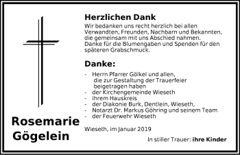 Traueranzeige von Rosemarie Gögelein von Dinkelsbuhl/ Feuchtwangen