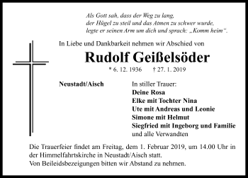 Traueranzeige von Rudolf Geißelsöder von Neustadt/ Scheinfeld/ Uffenheim