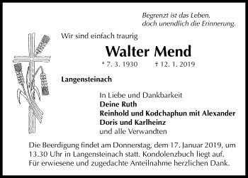 Traueranzeige von Walter Mend von Neustadt/ Scheinfeld/ Uffenheim