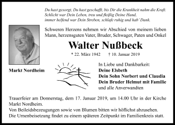 Traueranzeige von Walter Nußbeck von Neustadt/ Scheinfeld/ Uffenheim