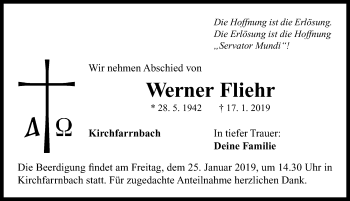 Traueranzeige von Werner Fliehr von Neustadt/ Scheinfeld/ Uffenheim