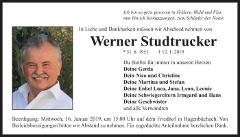 Traueranzeige von Werner Studtrucker von Neustadt/ Scheinfeld/ Uffenheim