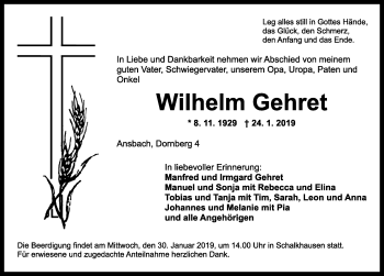 Traueranzeige von Wilhelm Gehret von Dinkelsbühl/ Feuchtwangen