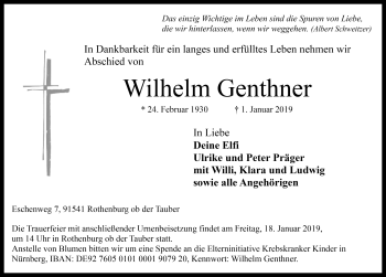 Traueranzeige von Wilhelm Genthner von Rothenburg
