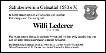 Traueranzeige von Willi Lederer von Rothenburg