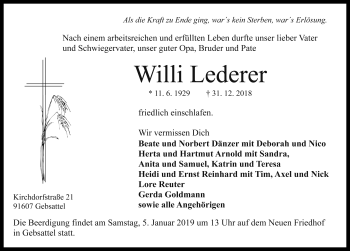 Traueranzeige von Willi Lederer von Rothenburg