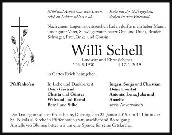 Traueranzeige von Willi Schell von Neustadt/ Scheinfeld/ Uffenheim