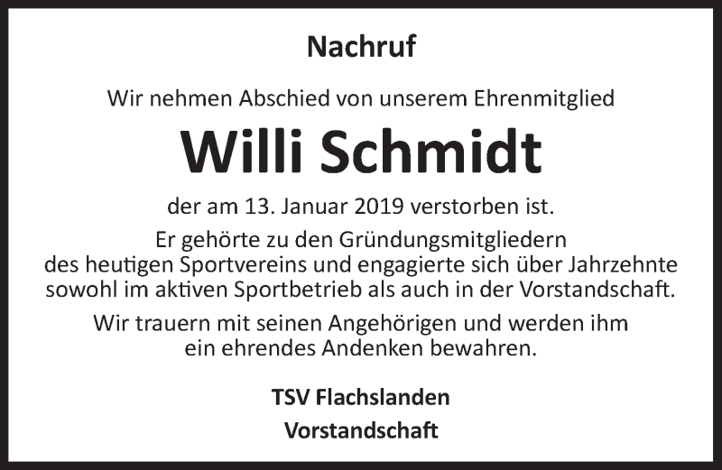  Traueranzeige für Willi Schmidt vom 21.01.2019 aus Ansbach