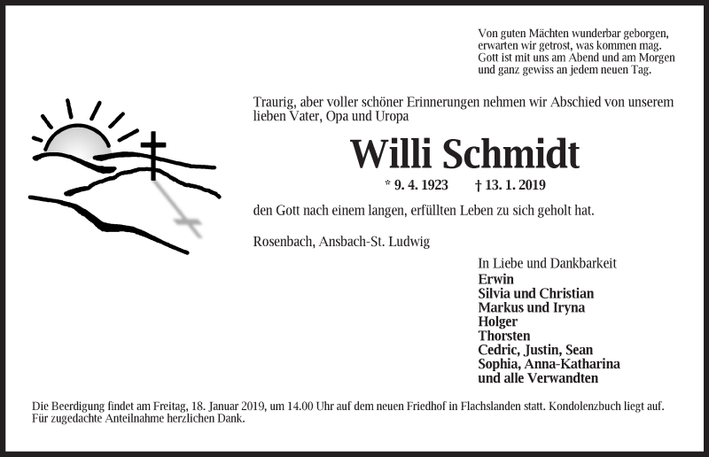  Traueranzeige für Willi Schmidt vom 16.01.2019 aus Ansbach