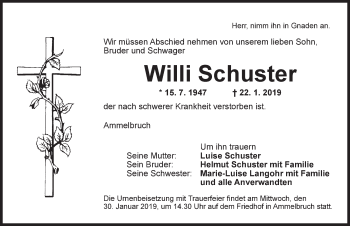 Traueranzeige von Willi Schuster von Dinkelsbühl/ Feuchtwangen