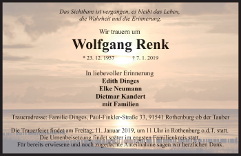 Traueranzeige von Wolfgang Renk von Rothenburg