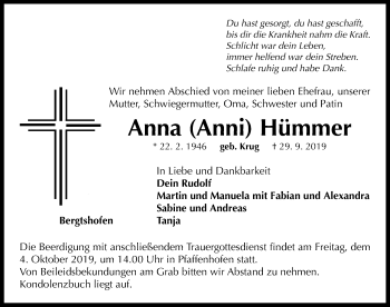 Traueranzeige von Anna Hümmer von Neustadt/ Scheinfeld/ Uffenheim