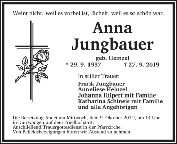 Traueranzeige von Anna Jungbauer von Dinkelsbühl/ Feuchtwangen