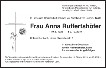 Traueranzeige von Anna Ruffertshöf von Ansbach