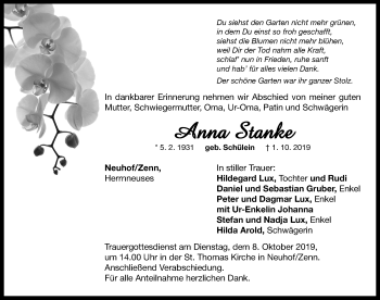 Traueranzeige von Anna Stanke von Neustadt/ Scheinfeld/ Uffenheim