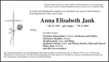 Traueranzeige von Anna Elisabeth Jank von Dinkelsbühl/ Feuchtwangen