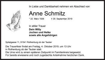 Traueranzeige von Anne Schmitz von Rothenburg
