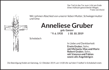 Traueranzeige von Anneliese Gruber von Dinkelsbühl/ Feuchtwangen