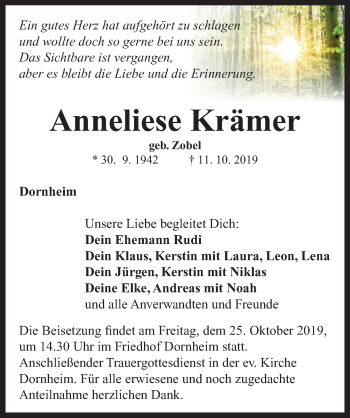 Traueranzeige von Anneliese Krämer von Fränkische Landeszeitung