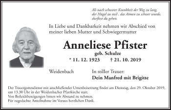 Traueranzeige von Anneliese Pfister von Ansbach